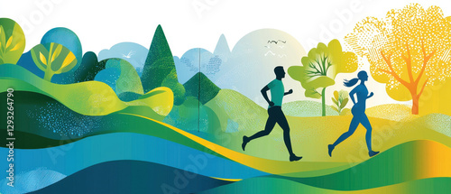 Joggers running winding path through vibrant, colorful landscape filled with trees and hills, evoking sense of freedom and