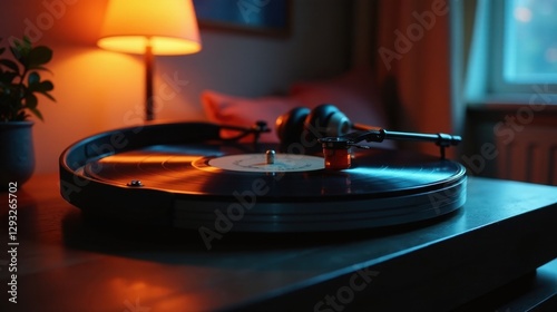 Warm lamplight illuminates a vintage turntable playing a vinyl record, headphones resting nearby, creating an atmosphere of nostalgic musical enjoyment.