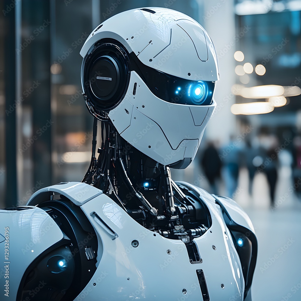 A closeup of a robot featuring striking blue eyes in a futuristic context A closeup of a robot featuring striking blue eyes in a futuristic context