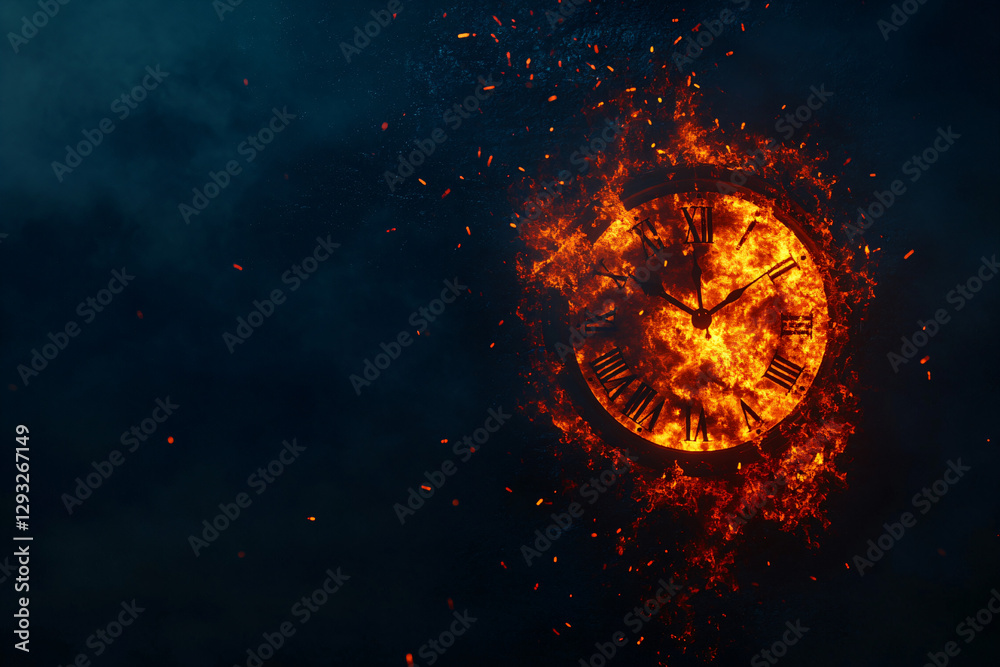 Clock on Fire in Dark Background with Glowing Embers Clock on Fire in Dark Background with Glowing Embers