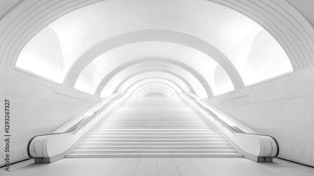 Fototapeta premium White escalator stairs ascending in modern building