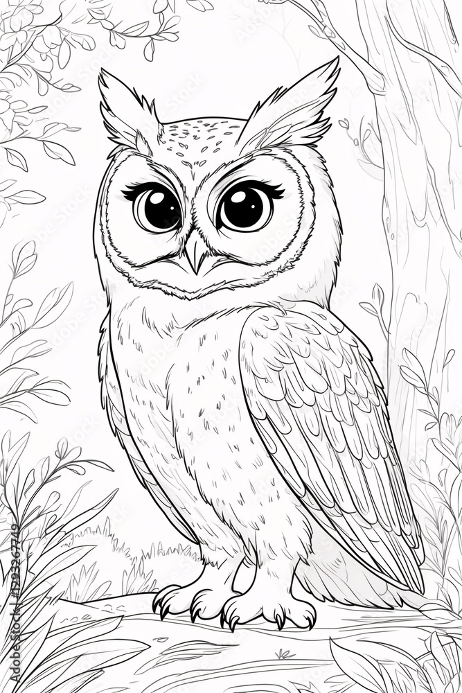 Obraz premium Adorable Little Owl Bird Sitting Among Trees Black and White Line Art for Childrens Book Covers and Color Pages Simple Drawing Illustration Design