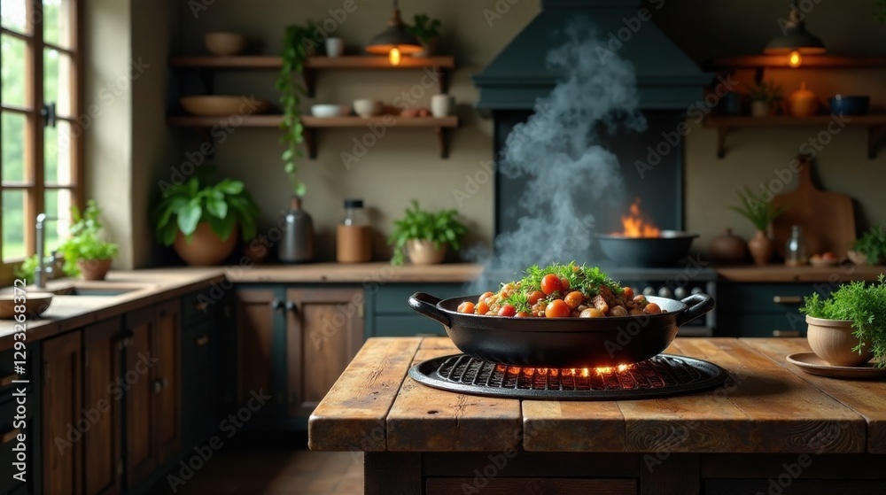 Rustic kitchen setting with a delicious vegetable stew simmering on a wood-fired grill, creating a warm and inviting atmosphere. Rustic kitchen setting with a delicious vegetable stew simmering on a wood-fired grill, creating a warm and inviting atmosphere.