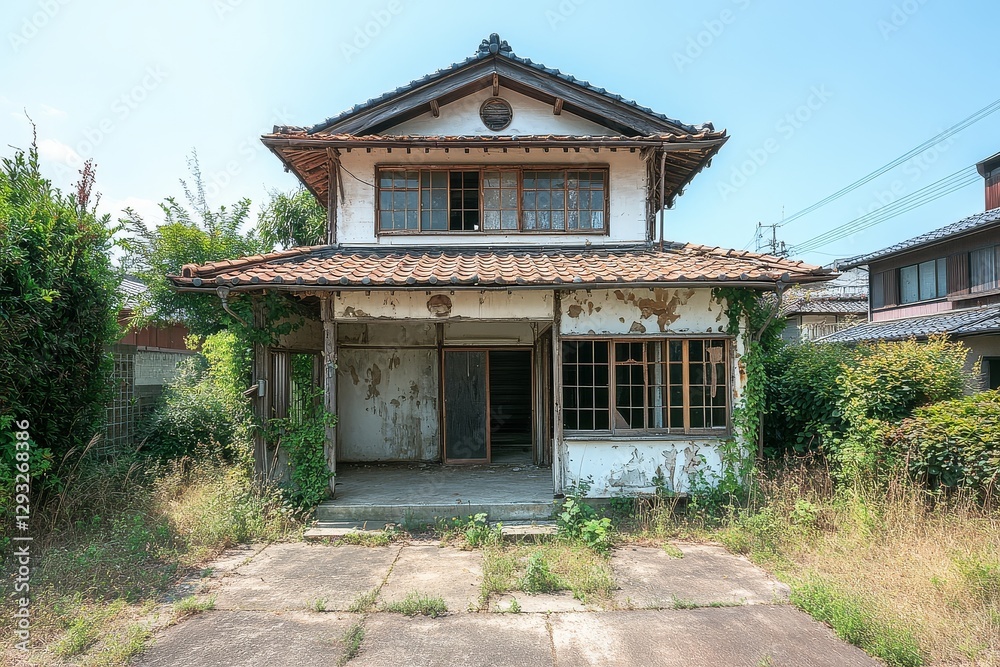 Abandoned Japanese house with wooden windows and white walls, concrete floor on dirt ground, no roof or old tiles on one side, plants growing around, parking lot in front, blue sky. Abandoned Japanese house with wooden windows and white walls, concrete floor on dirt ground, no roof or old tiles on one side, plants growing around, parking lot in front, blue sky.