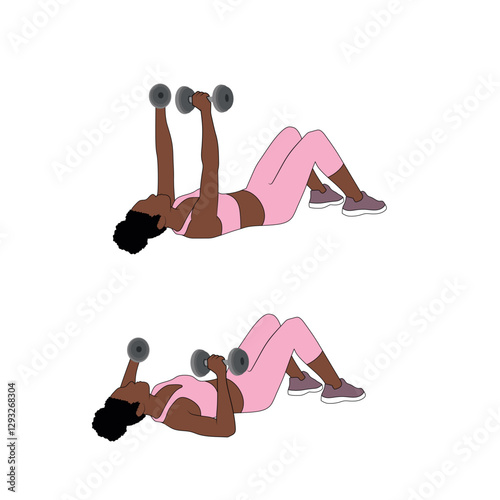 A Black African woman in pink clothing doing floor dumbbell chest press exercise. Flat vector illustration isolated on white background	