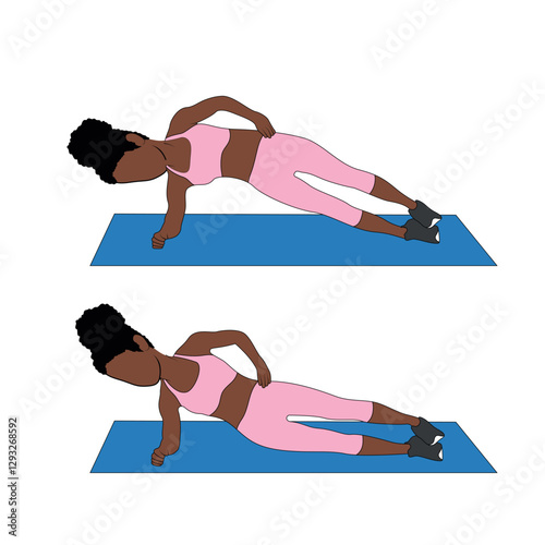 A Black African woman in pink clothing doing side plank dips and raises exercise. Flat vector illustration isolated on white background	