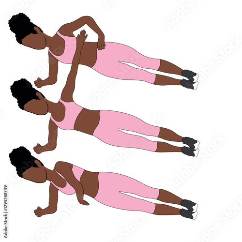 A Black African woman in pink clothing doing side plank twists exercise. Flat vector illustration isolated on white background	