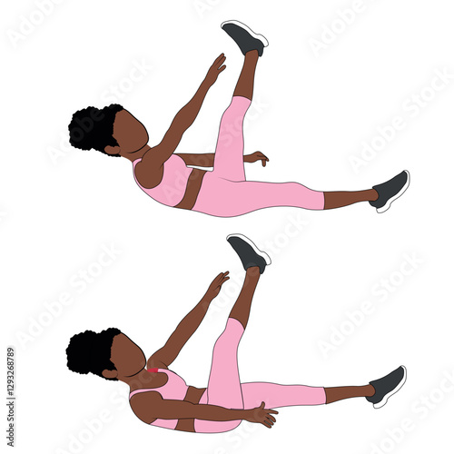 A Black African woman in pink clothing doing Alternating leg toe touches exercise. Flat vector illustration isolated on white background	