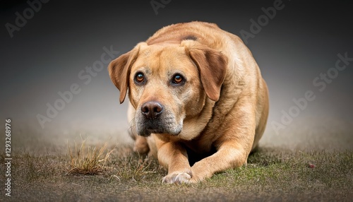 Portly, Playful Lab Mix Lounging in a Cozy Living Room A Charming Pet Portrait Showcasing Furry Friendship and Companionship Amidst Worn Wood Floors and Sunlight Streaming Through Windows