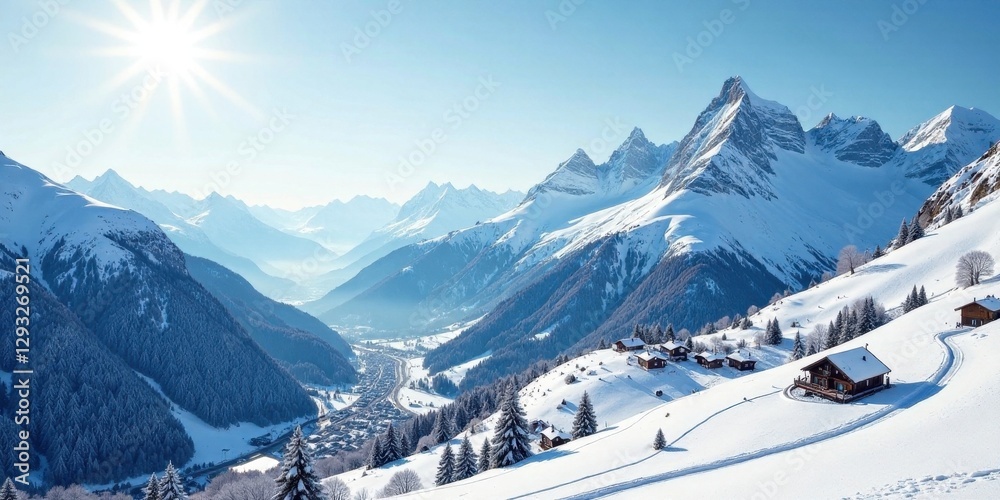 Fototapeta premium Sunlit Winter Wonderland Majestic Mountain Range with Cozy Snow-Covered Chalets and Serene Valley View