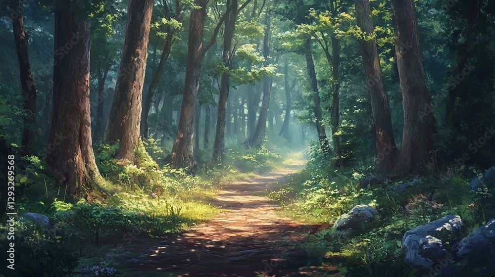 A Narrow Path Winding Through a Dense Forest with Tall Trees and Lush Green Undergrowth, Featuring Soft Light Filtering Through the Trees and a Hint of Mist or Fog.
A Narrow Path Winding Through a Dense Forest with Tall Trees and Lush Green Undergrowth, Featuring Soft Light Filtering Through the Trees and a Hint of Mist or Fog.