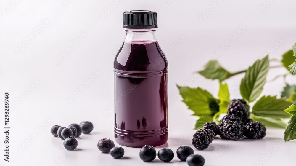 A clear plastic juice bottle with a safety cap, filled with refreshing mixed berry juice, placed on a smooth white surface. Perfect for product photography A clear plastic juice bottle with a safety cap, filled with refreshing mixed berry juice, placed on a smooth white surface. Perfect for product photography