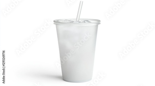 A classic takeout cup of iced Americano with a straw, condensation visible, placed on a pure white background. Refreshing coffee concept.