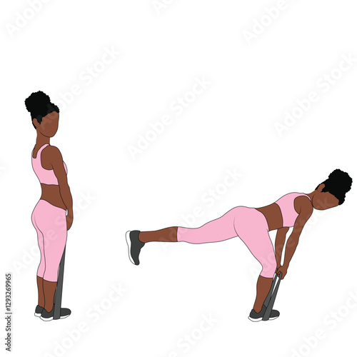 A Black African woman in pink clothing doing resistance band single leg deadlifts exercise. Flat vector illustration isolated on white background	