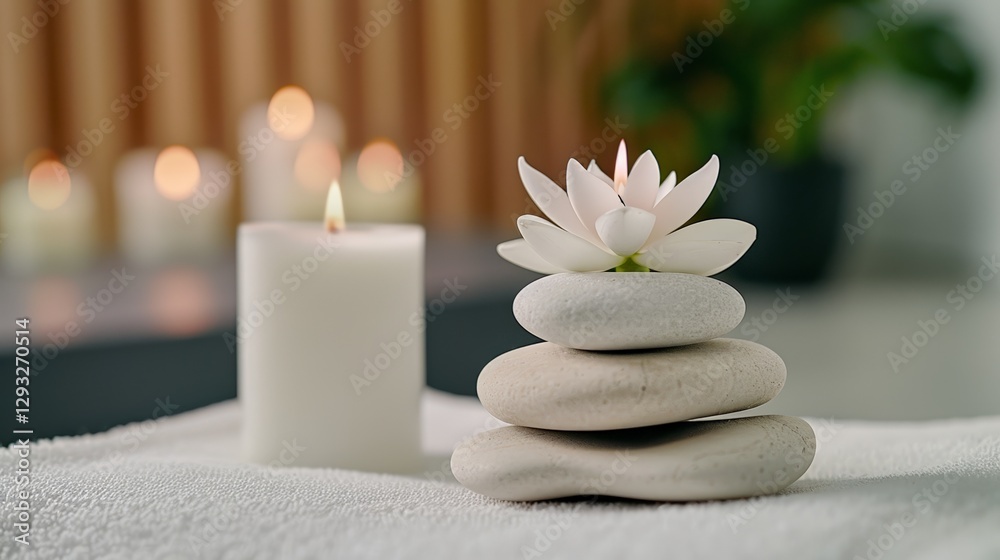 Serene spa setting with candle, white lotus, and zen stones for relaxation Serene spa setting with candle, white lotus, and zen stones for relaxation
