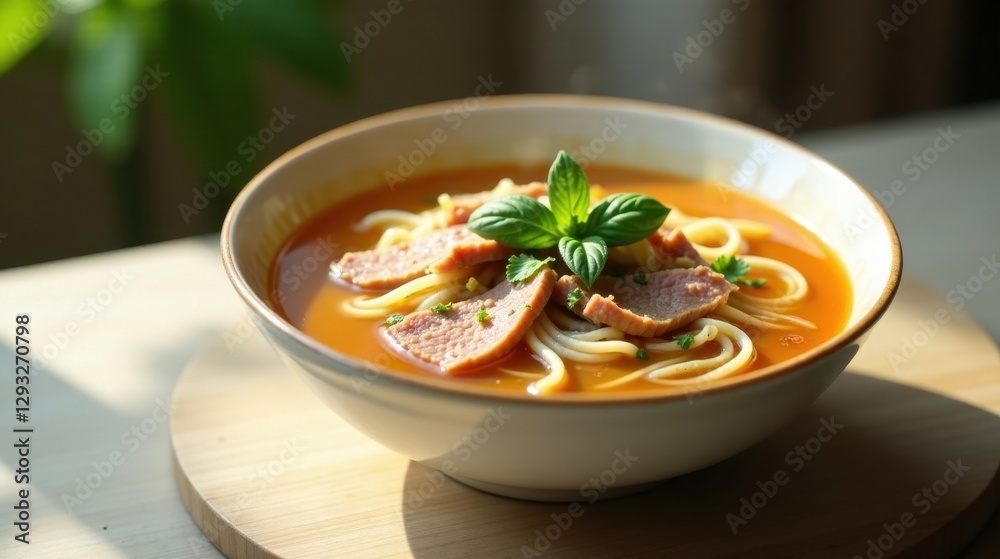 Aromatic Tomato Soup with Pasta and Sliced Meat, Garnished with Fresh Basil, Served in a Simple Bowl on a Wooden Surface Aromatic Tomato Soup with Pasta and Sliced Meat, Garnished with Fresh Basil, Served in a Simple Bowl on a Wooden Surface