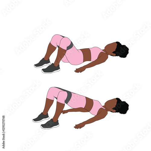 A Black African woman in pink clothing doing glute bridges with resistance band exercise. Flat vector illustration isolated on white background	