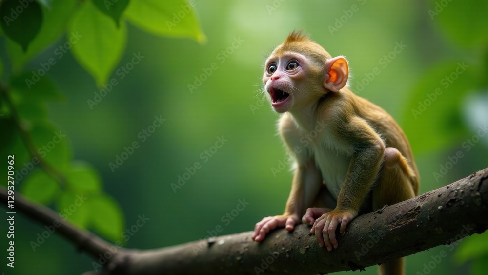 Fototapeta premium A Young Primate Perched on a Branch, Open-Mouthed in Amazement, Surrounded by Lush Greenery