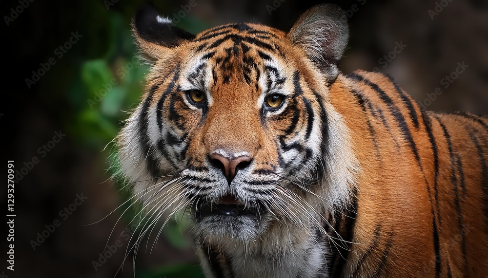 Striking Portrait of a Sumatran Tiger Power and Majesty in the Jungle Twilight, Capturing the Wild Beauty of Panthera tigris sumatrae Striking Portrait of a Sumatran Tiger Power and Majesty in the Jungle Twilight, Capturing the Wild Beauty of Panthera tigris sumatrae
