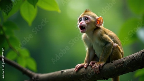 A Young Primate Perched on a Branch, Open-Mouthed in Amazement, Surrounded by Lush Greenery