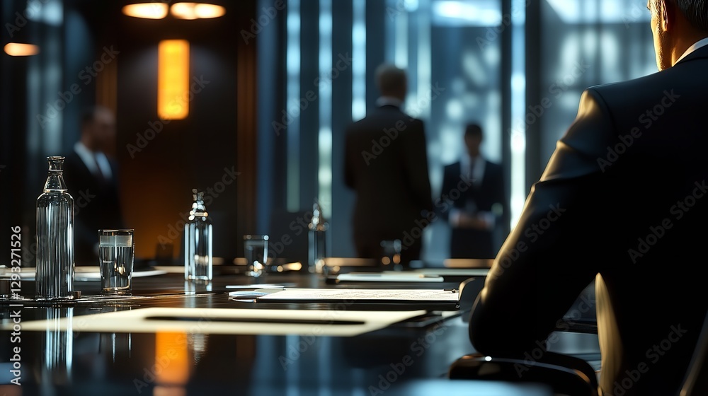 A serious businessman sits at a sleek conference table, intensely focused during a crucial meeting, bathed in dramatic light and shadow. A serious businessman sits at a sleek conference table, intensely focused during a crucial meeting, bathed in dramatic light and shadow.