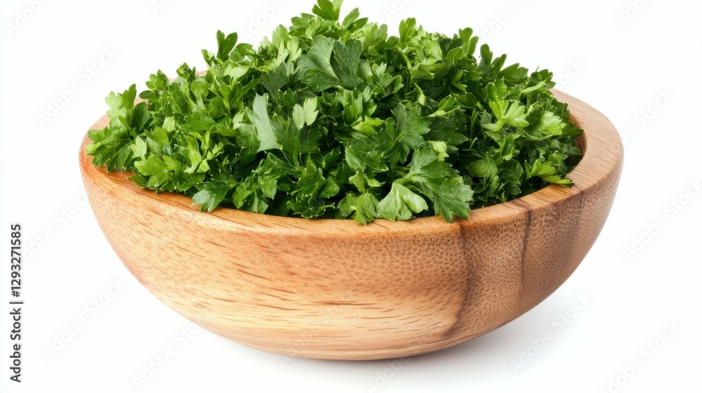 Parsley Flakes. Wooden Bowl with Dried Parsley Flakes on White Background Parsley Flakes. Wooden Bowl with Dried Parsley Flakes on White Background