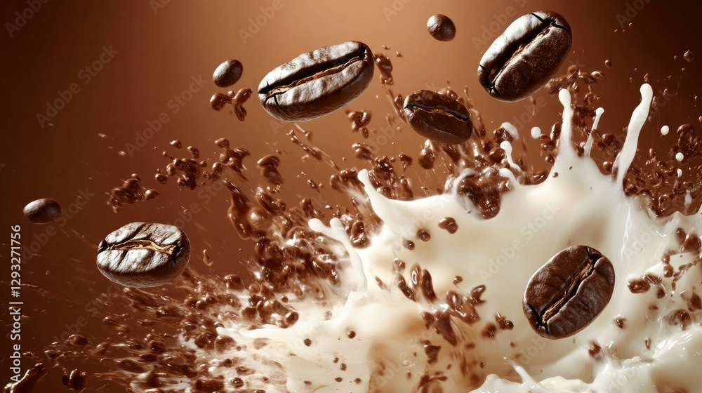 Fototapeta premium Artistic high-speed capture of roasted coffee beans diving into an explosion of milk and black coffee, creating a mesmerizing splash. Warm brown gradient background adds a rich coffeehouse feel