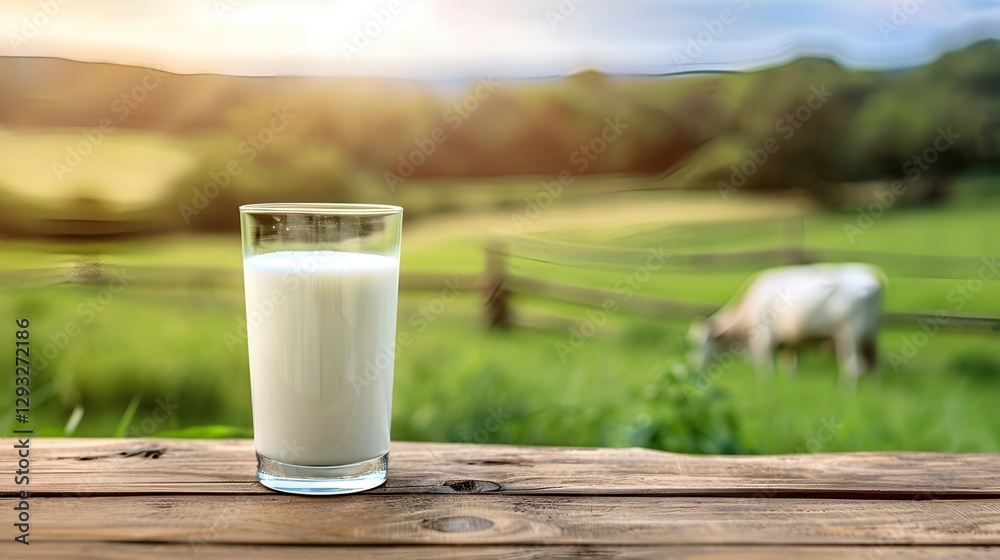a glass of fresh milk on a wooden table against the silhouette of a dairy cow grazing on a green pasture in the blurred background a glass of fresh milk on a wooden table against the silhouette of a dairy cow grazing on a green pasture in the blurred background
