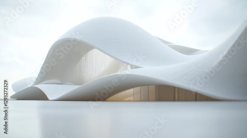 Modern architectural building facade, smooth curves, minimalist design, outdoor scene, digital rendering, stock photo photo