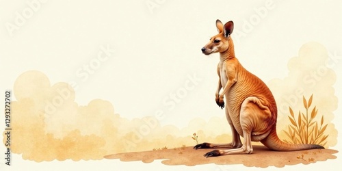 A Red Kangaroo Stands in a Desert Landscape with Subtle Watercolor Clouds and Minimalist Vegetation
