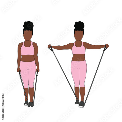 A Black African woman in pink clothing doing lateral shoulder raises with resistance bands exercise. Flat vector illustration isolated on white background.