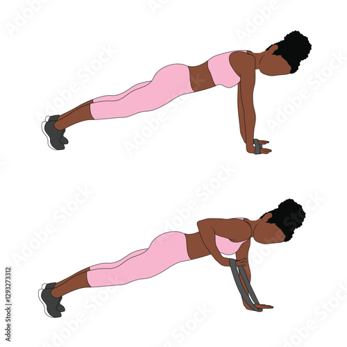 A Black African woman in pink clothing doing plank rows with resistance bands exercise. Flat vector illustration isolated on white background.