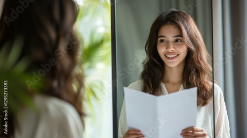 Pep Talk. Asian Woman Practicing Presentation in Front of Mirror for Job Interview and Public Speaking