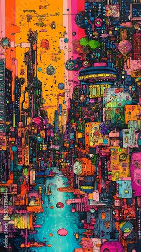 Wallpaper Mural Futuristic city river, vibrant buildings, aerial view, digital art Torontodigital.ca