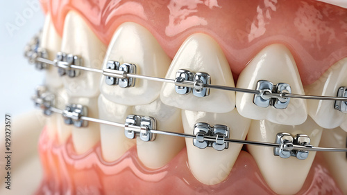 Teeth with braces and metal brackets in dental office setting