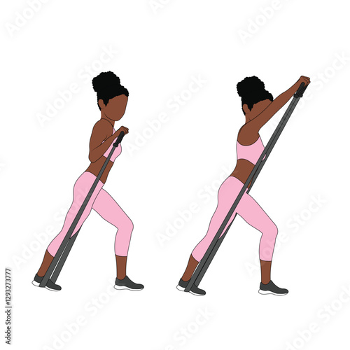 A Black African woman in pink clothing doing shoulder press with resistance bands exercise. Flat vector illustration isolated on white background.