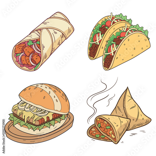 This fast food collection features vector icons of popular meals like hamburger, pizza, and sandwich, representing a fast food set
