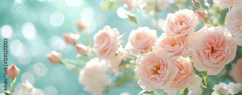 Delicate rose blossoms in soft focus background.