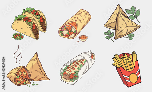 A vector set of fast food icons features a fries, samosa, tacos, roll, and hotdog illustration for a quick meal