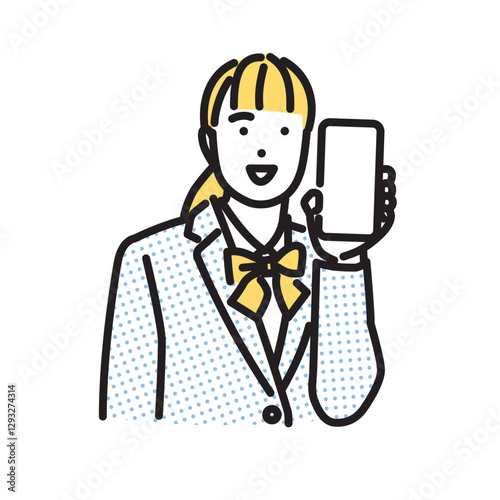 シンプル　イラスト　スマホの画面を見せる女子高生