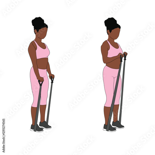 A Black African woman in pink clothing doing cable reverse bicep curls exercise. Flat vector illustration isolated on white background.