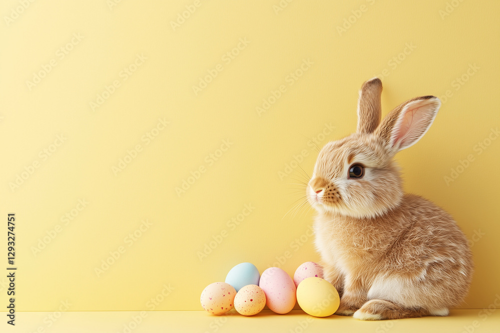 Fototapeta premium A fluffy brown rabbit surrounded by pastel Easter eggs against a warm yellow background. Festive and joyful