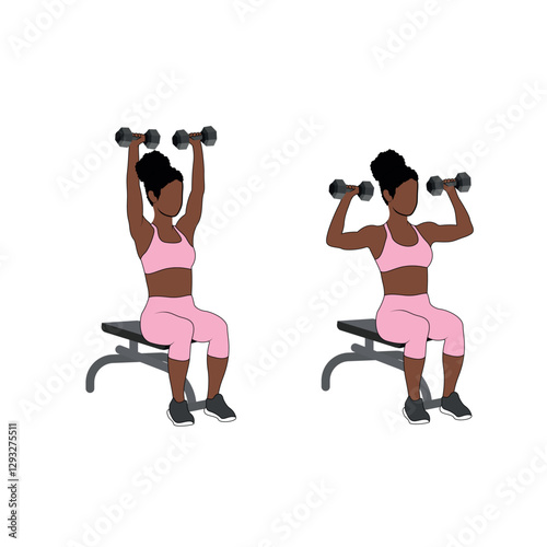 A Black African woman in pink clothing doing dumbbell shoulder press on a bench exercise. Flat vector illustration isolated on white background.