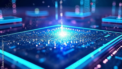 Wallpaper Mural Glowing blue and purple digital square shapes with floating particles on dark background, abstract concept of data, technology, innovation, and artificial intelligence Torontodigital.ca