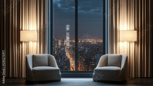 High-end curtain mockup featuring layered drapes in an elegant hotel suite, framing a floor-to-ceiling window with a city night view