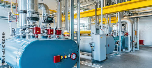 Industrial boiler room with complex network of pipes and valves managing heating system