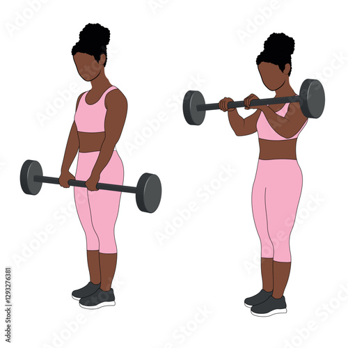 A Black African woman in pink clothing doing barbell reverse bicep curls exercise. Flat vector illustration isolated on white background.