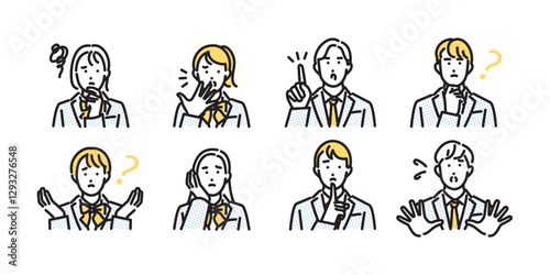 シンプル　イラスト　学生の男女のネガティブな表情のセット