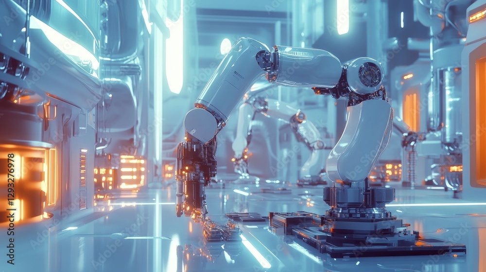 Fototapeta premium A cutting-edge robotic arm assembling parts in a clean, modern industrial factory, glowing with high-tech lighting