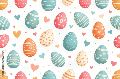 Easter Seamless Pattern, Adorable Set of Easter Eggs, Eggs and Hearts, Festive Decor, Spring Holiday Motifs, Good for Background, textile, wrap paper 